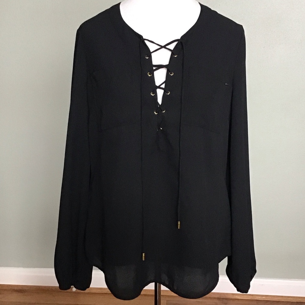 Bebe Black Lace Front Long Sleeve Semi Sheer Tunic Women's Small